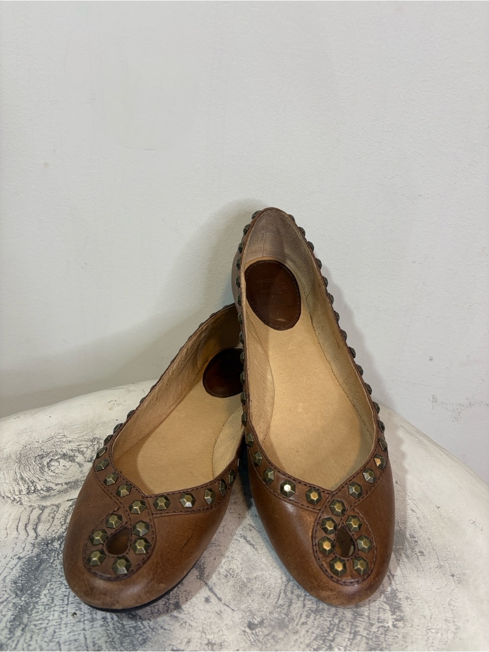 Frye Emma Honeycomb Stud Brown Leather Ballet Ballerina Bronze Studded Flats